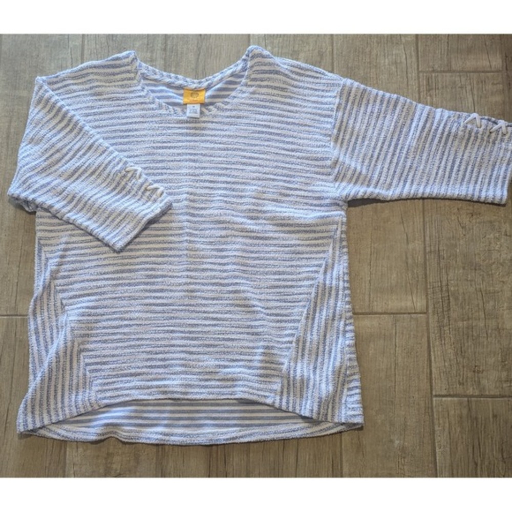 Ruby Rd. Woman 1X Blue Striped Textured Knit Top with Sleeve Lace‎ Details